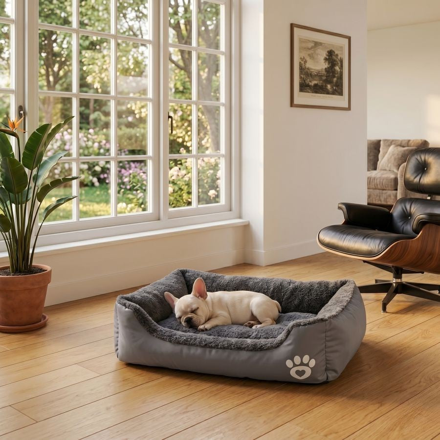 Panier pour chien doux et lavable avec rebords gris