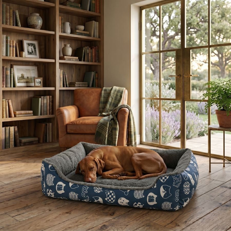 Panier pour chien déhoussable avec rebords motif bleu