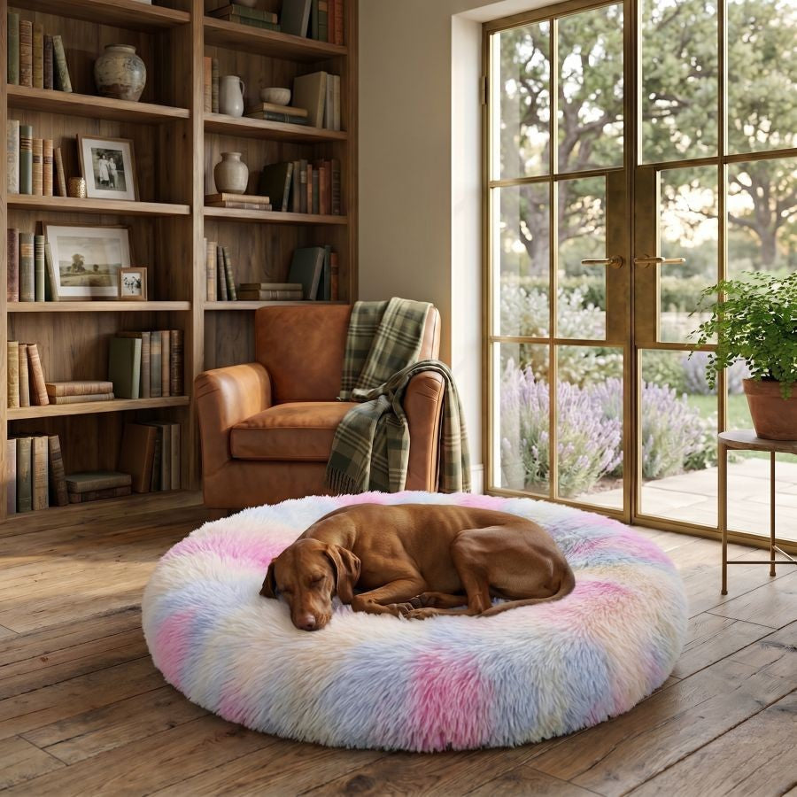 Coussin apaisant pour chien multicolore