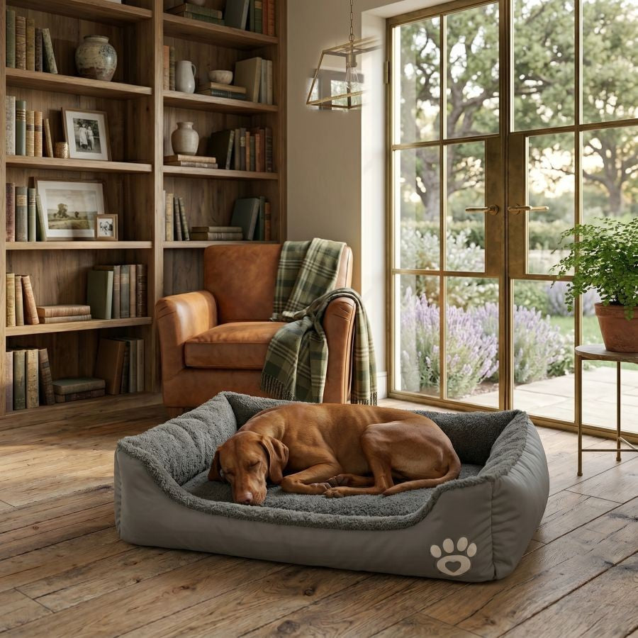 Panier pour chien doux et lavable avec rebords gris