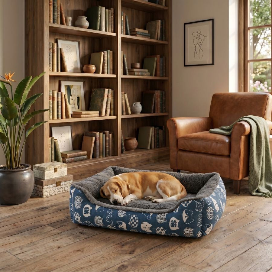 Panier pour chien déhoussable avec rebords motif bleu