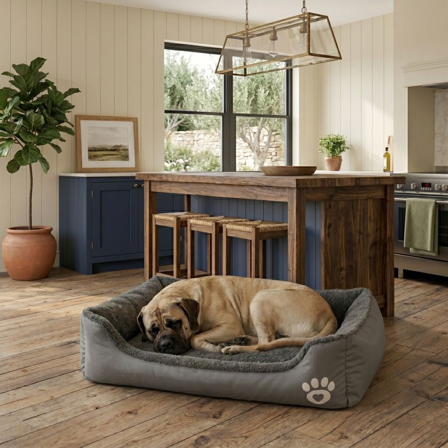 Panier pour chien doux et lavable avec rebords gris