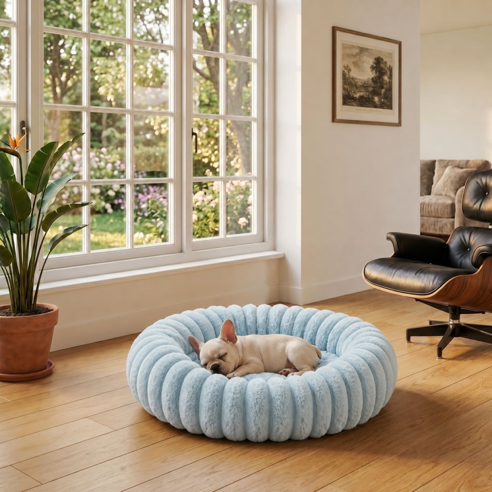 Coussin lit rond pour chien en coton bleu ciel