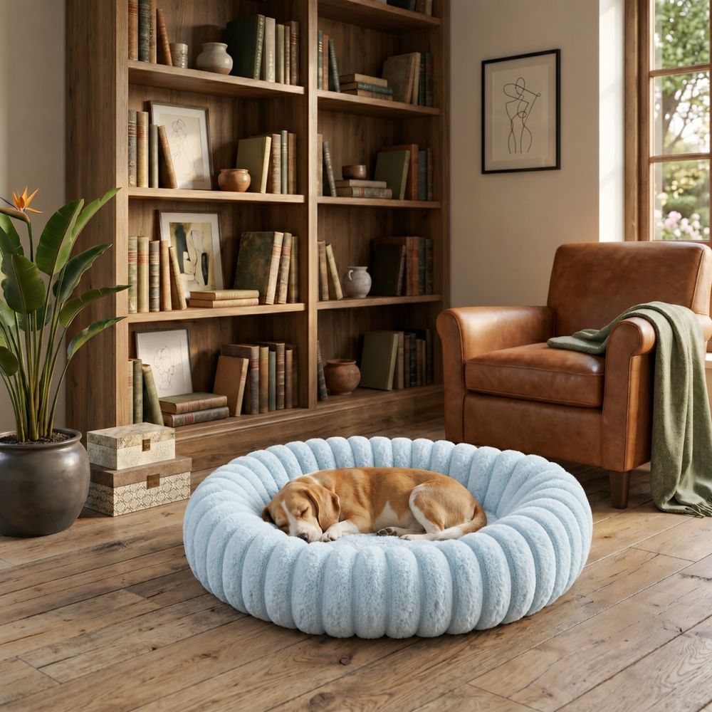Coussin lit rond pour chien en coton bleu ciel