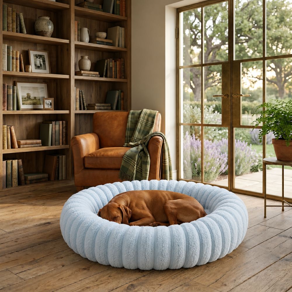 Coussin lit rond pour chien en coton bleu ciel