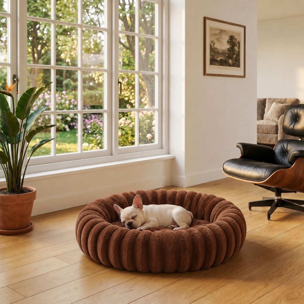 Coussin lit rond pour chien en coton marron