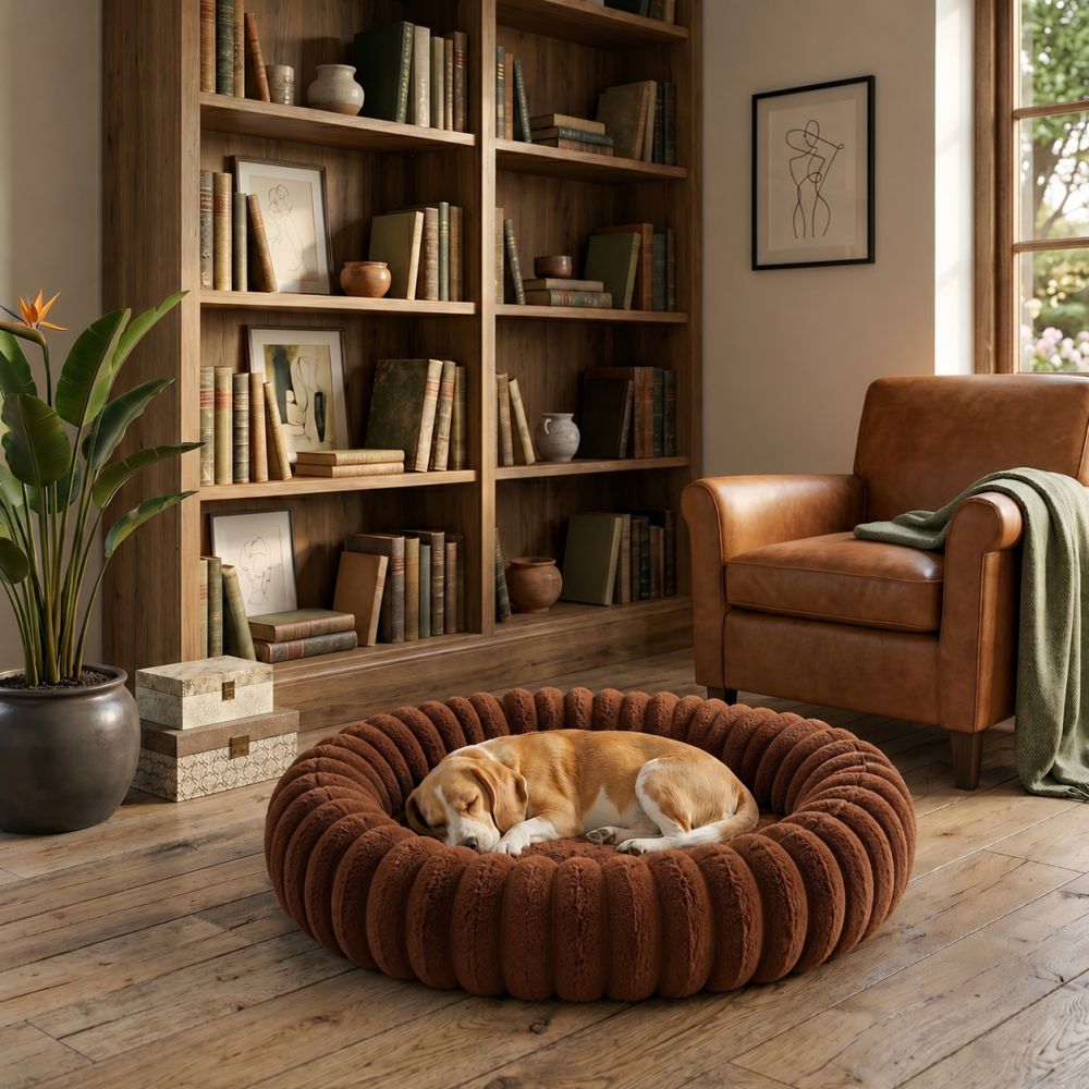 Coussin lit rond pour chien en coton marron