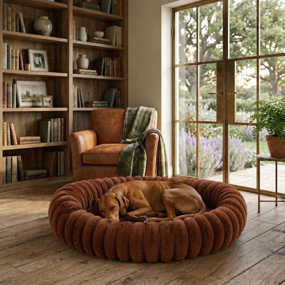 Coussin lit rond pour chien en coton marron
