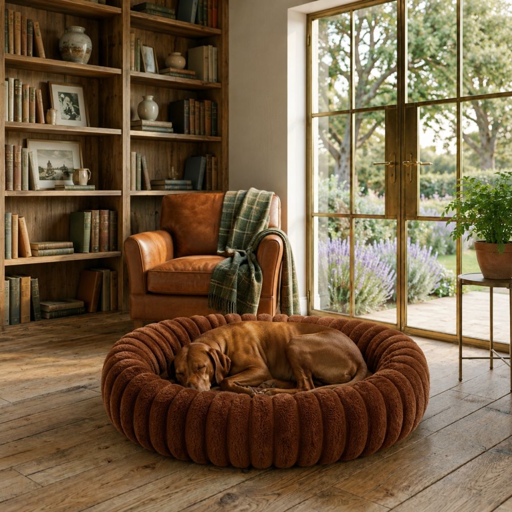 Coussin lit rond pour chien en coton marron