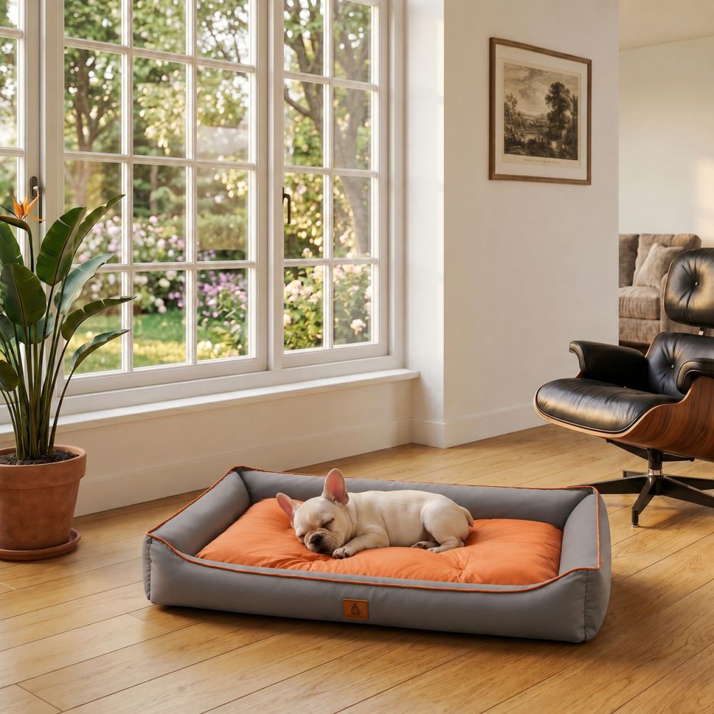 Lit rafraîchissant imperméable pour chien gris et orange
