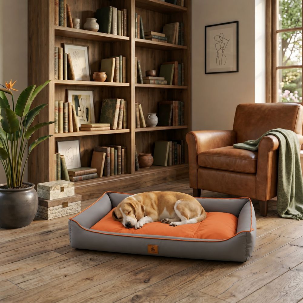 Lit rafraîchissant imperméable pour chien gris et orange