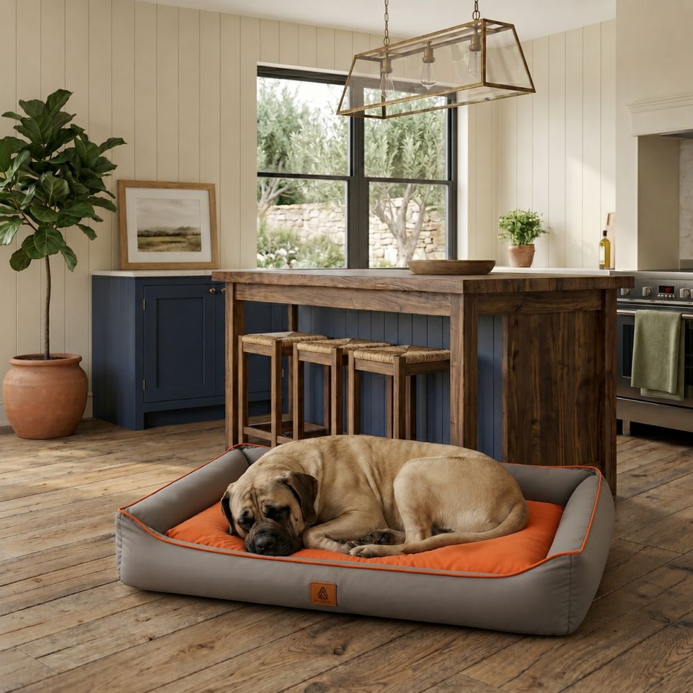 Lit rafraîchissant imperméable pour chien gris et orange