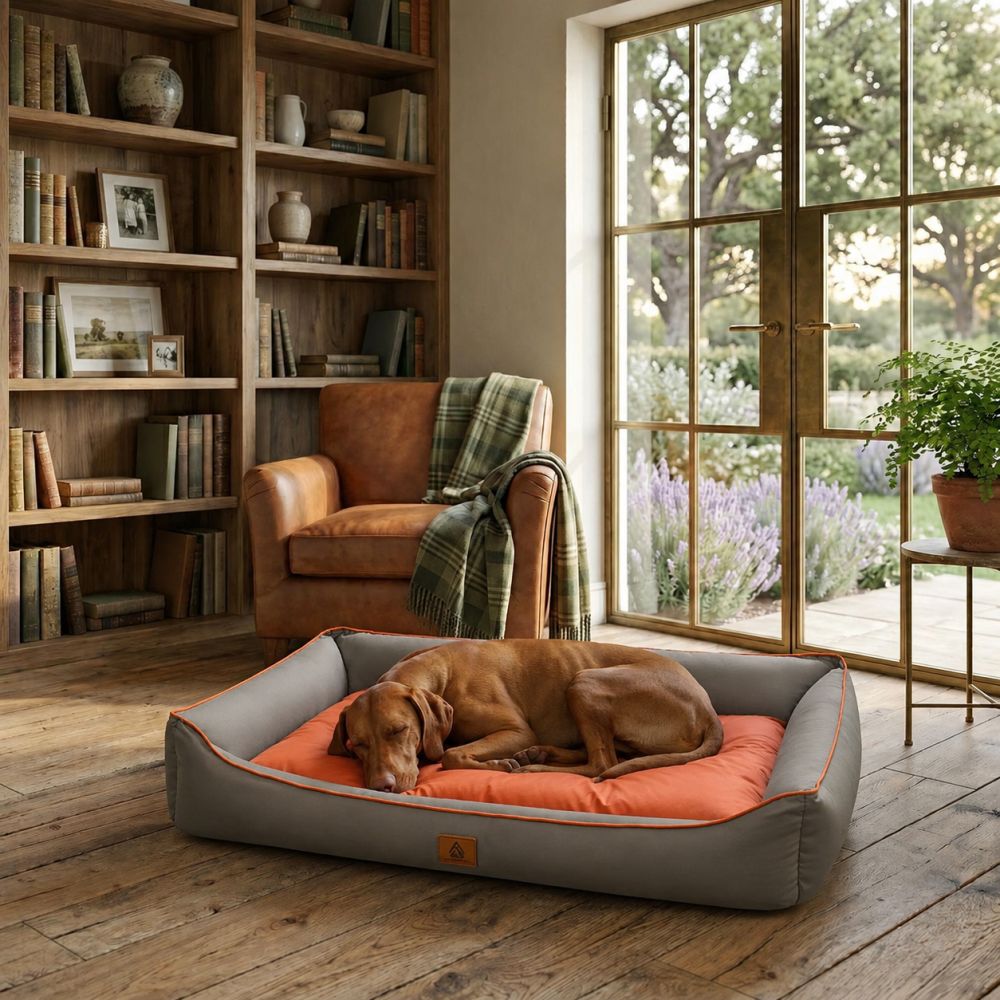 Lit rafraîchissant imperméable pour chien gris et orange