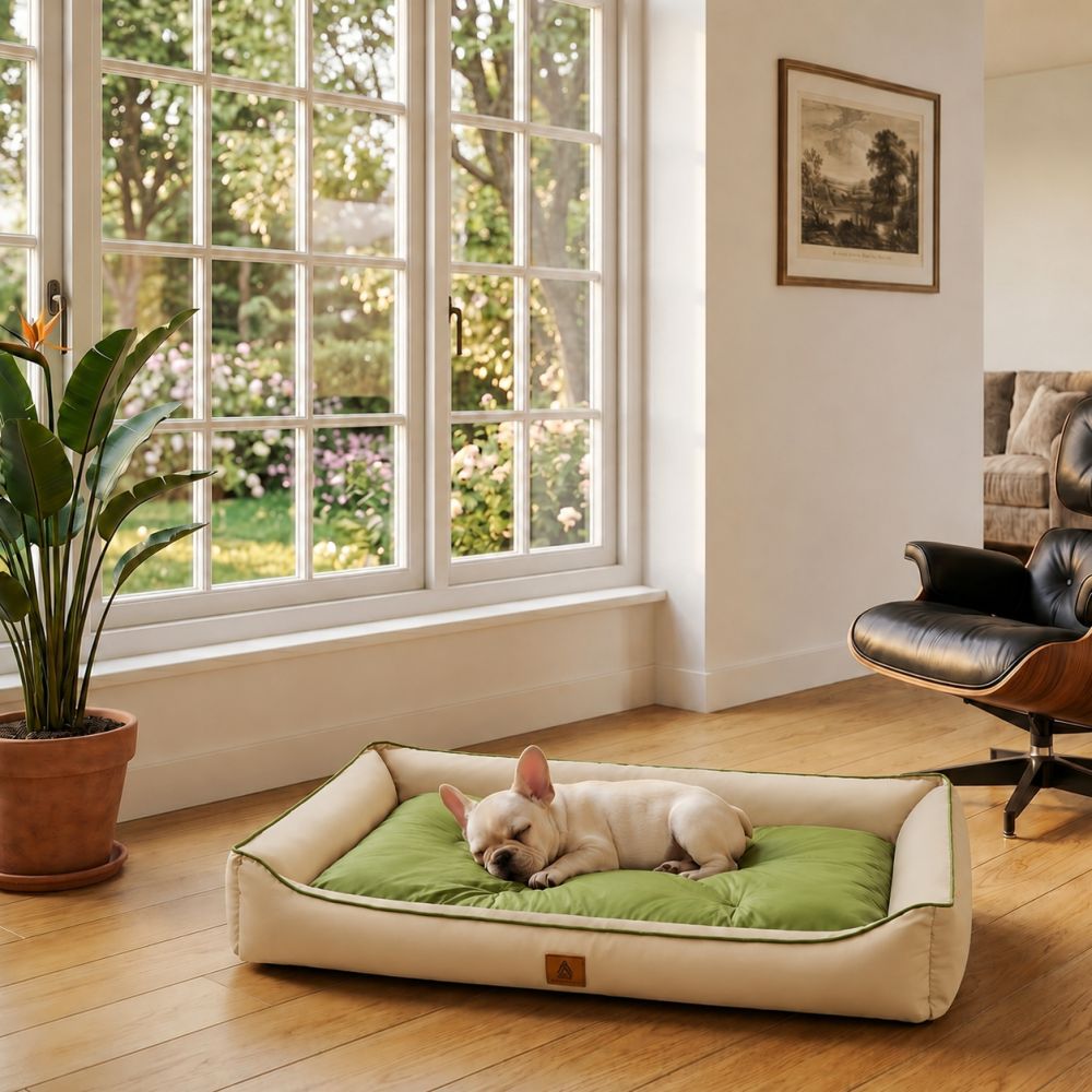 Lit rafraîchissant imperméable pour chien beige et vert