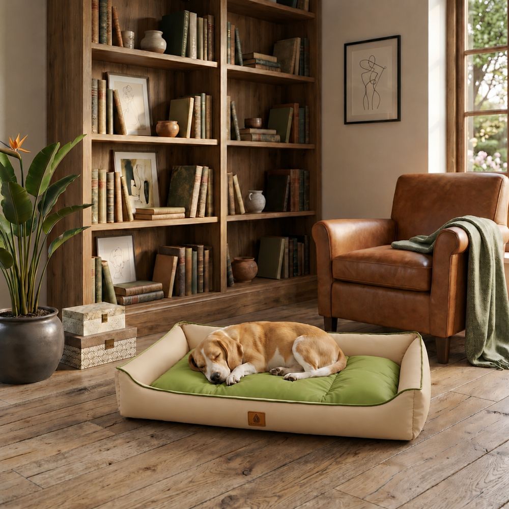 Lit rafraîchissant imperméable pour chien beige et vert