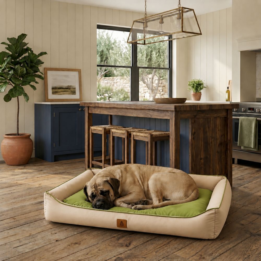 Lit rafraîchissant imperméable pour chien beige et vert