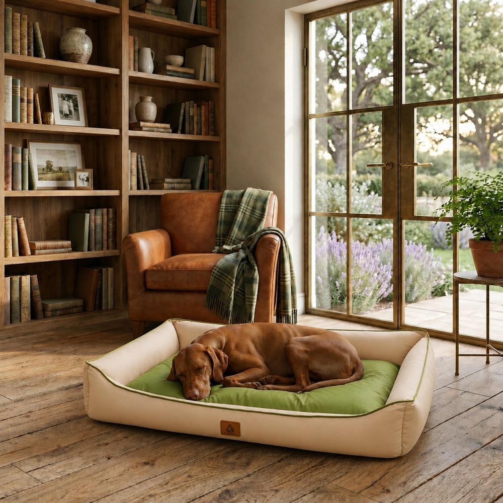 Lit rafraîchissant imperméable pour chien beige et vert