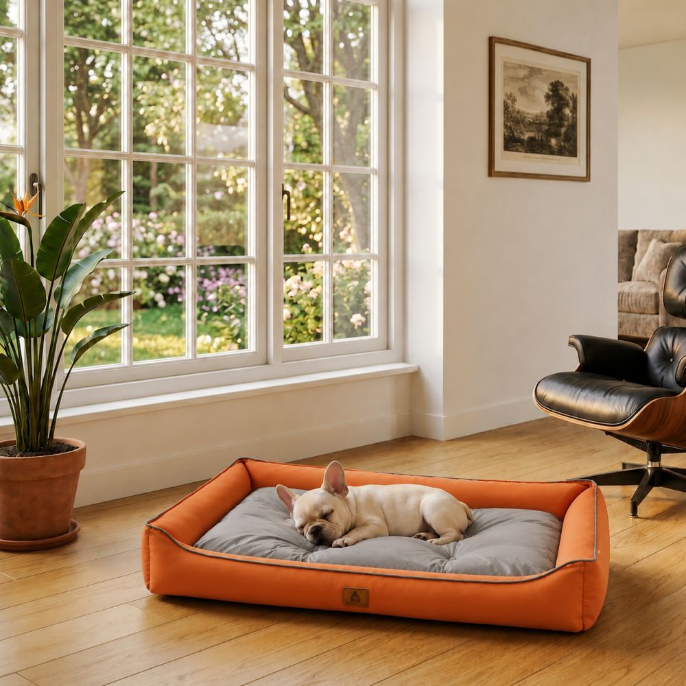 Lit rafraîchissant imperméable pour chien orange et gris