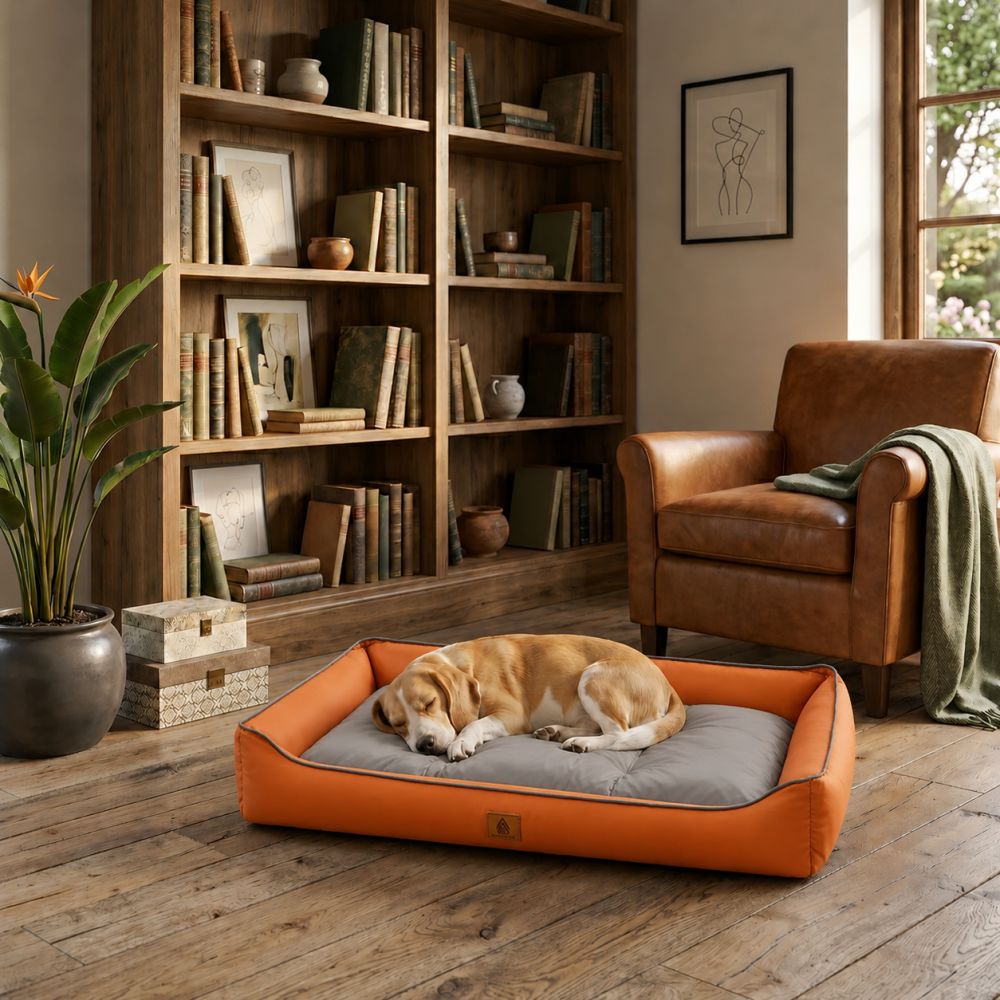 Lit rafraîchissant imperméable pour chien orange et gris