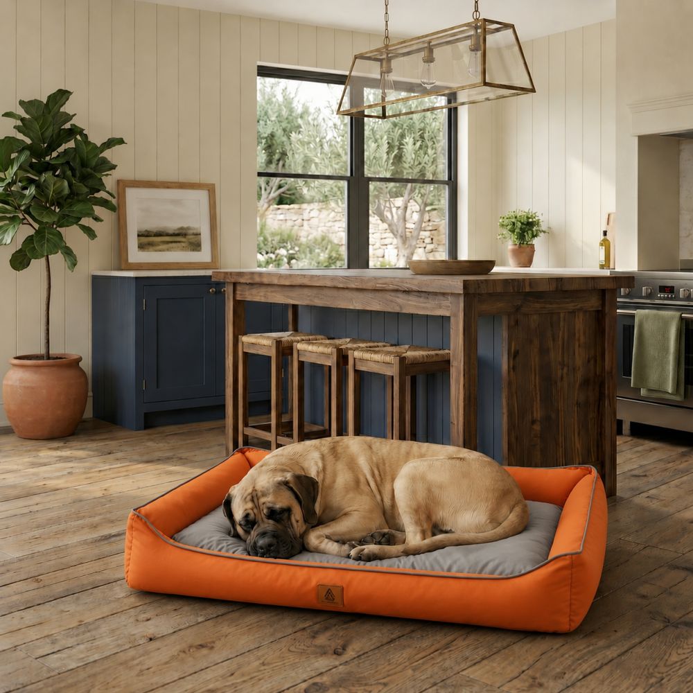 Lit rafraîchissant imperméable pour chien orange et gris