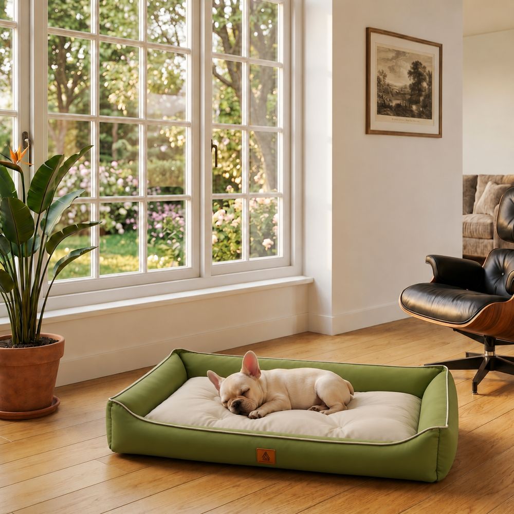 Lit rafraîchissant imperméable pour chien vert et beige