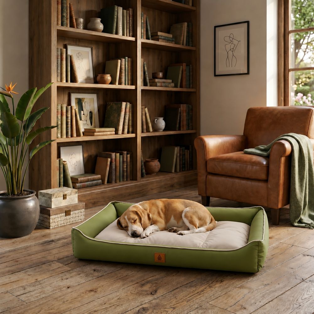 Lit rafraîchissant imperméable pour chien vert et beige