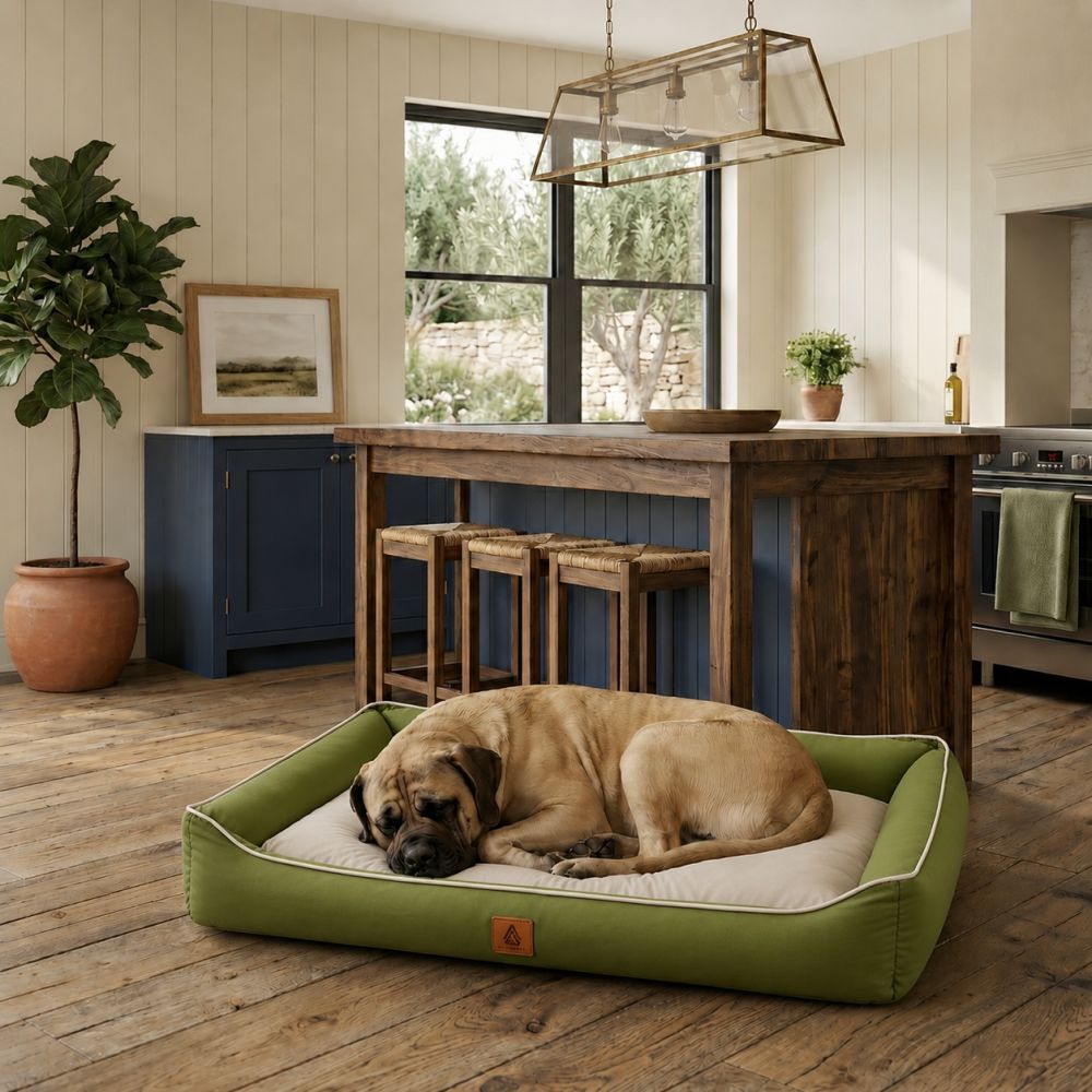 Lit rafraîchissant imperméable pour chien vert et beige