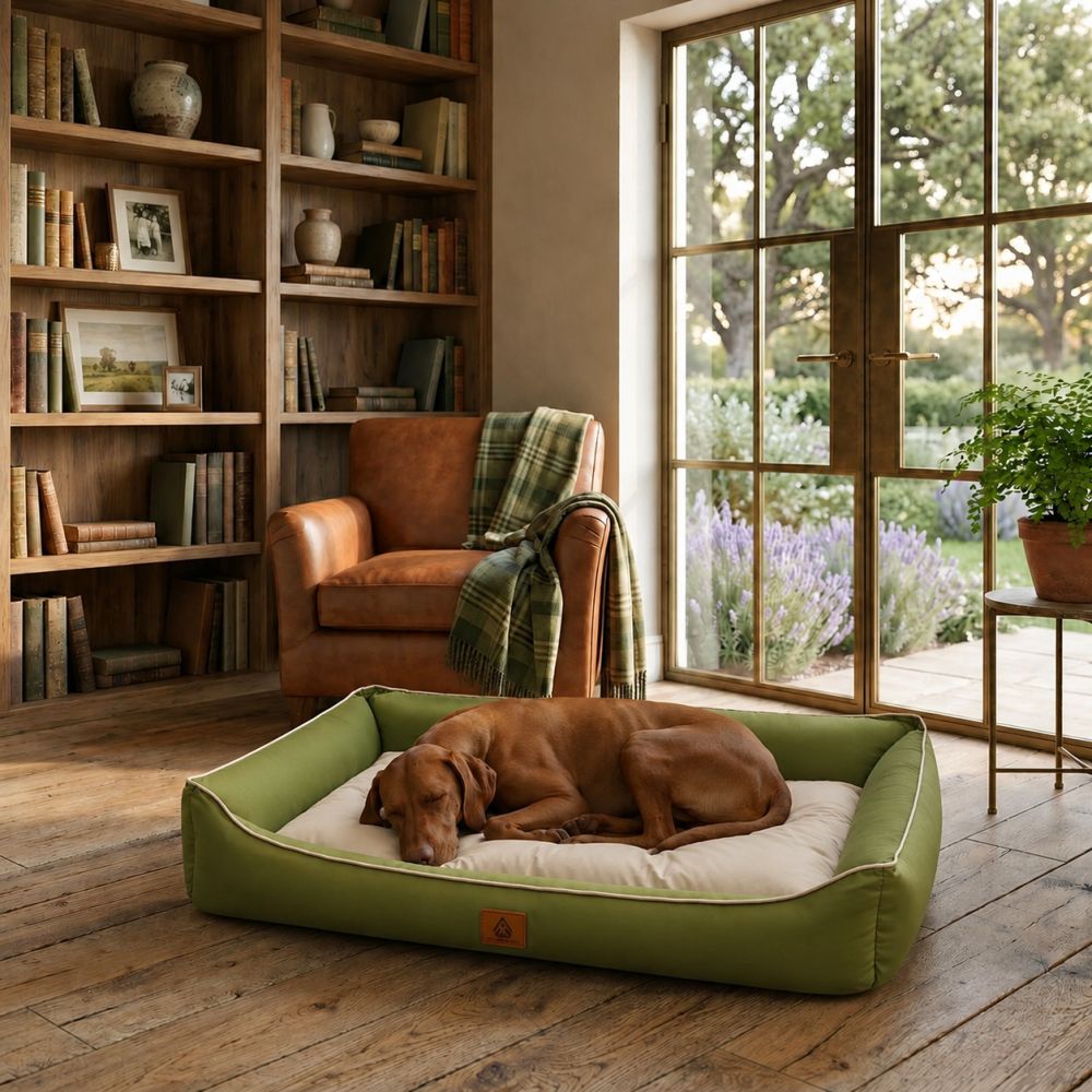 Lit rafraîchissant imperméable pour chien vert et beige