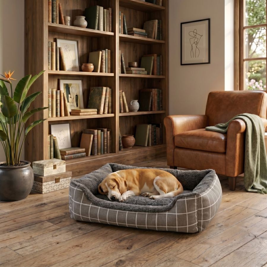 Panier pour chien déhoussable avec rebords motif gris