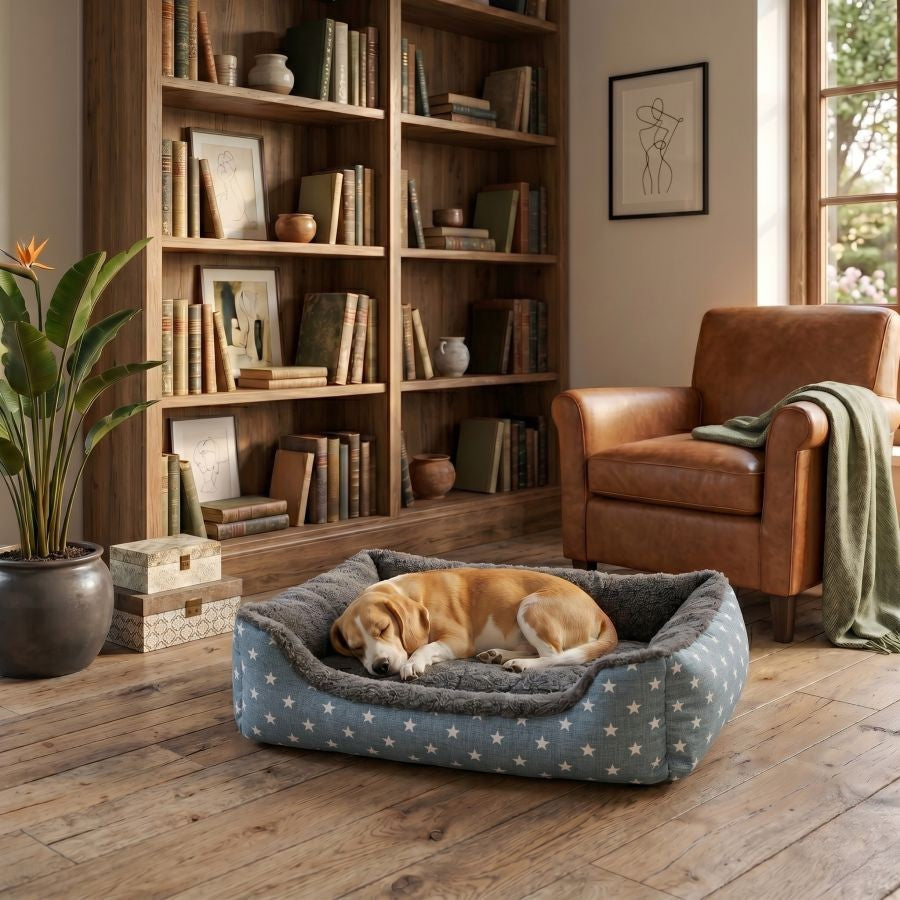 Panier pour chien déhoussable avec rebords motifs étoiles
