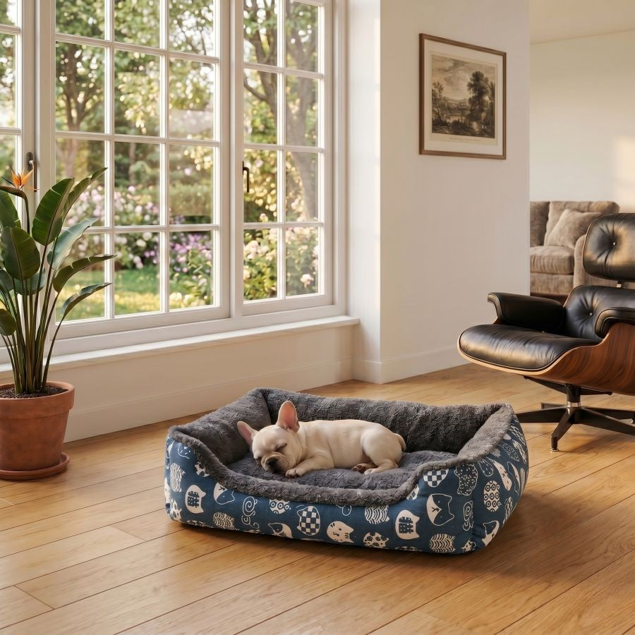 Panier pour chien déhoussable avec rebords motif bleu