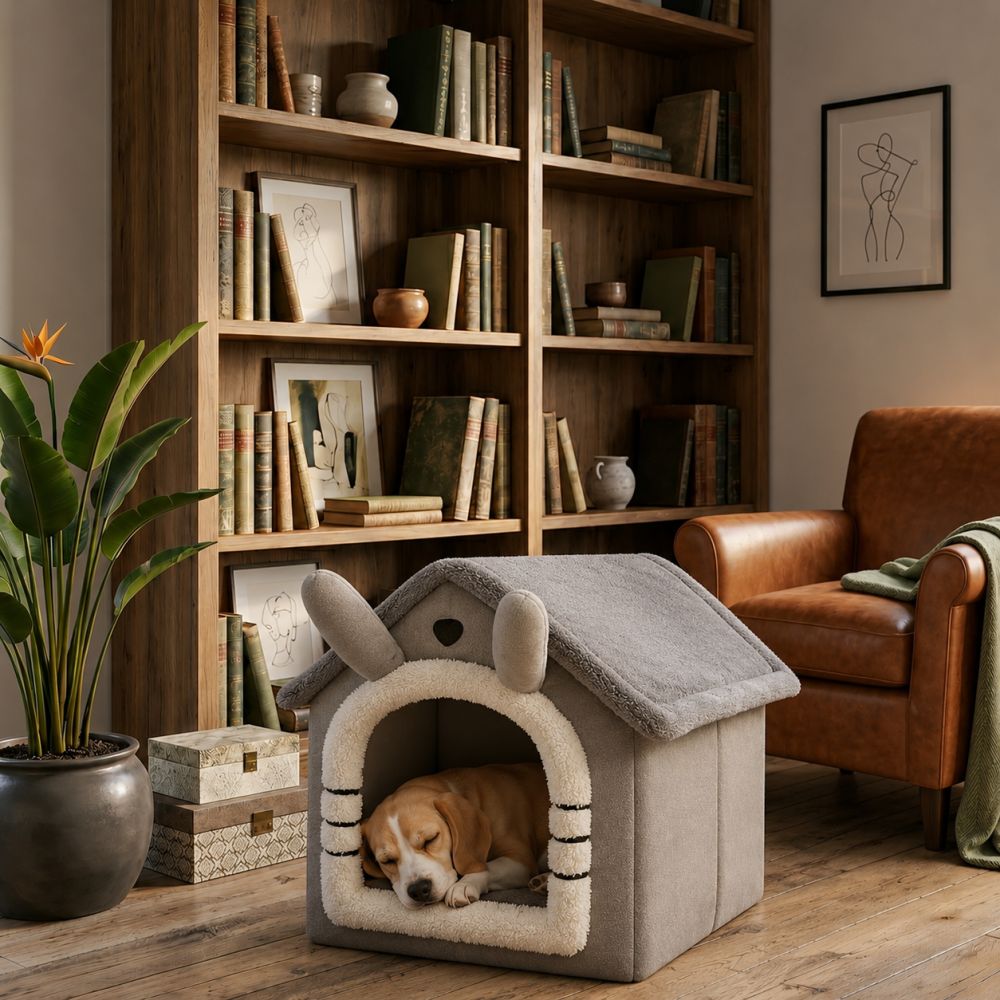 Niche d’intérieur maison pour petit chien gris