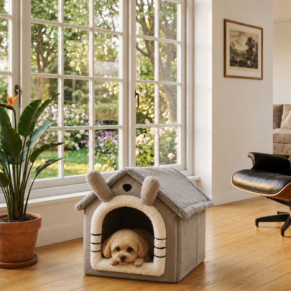 Niche d’intérieur maison pour petit chien gris