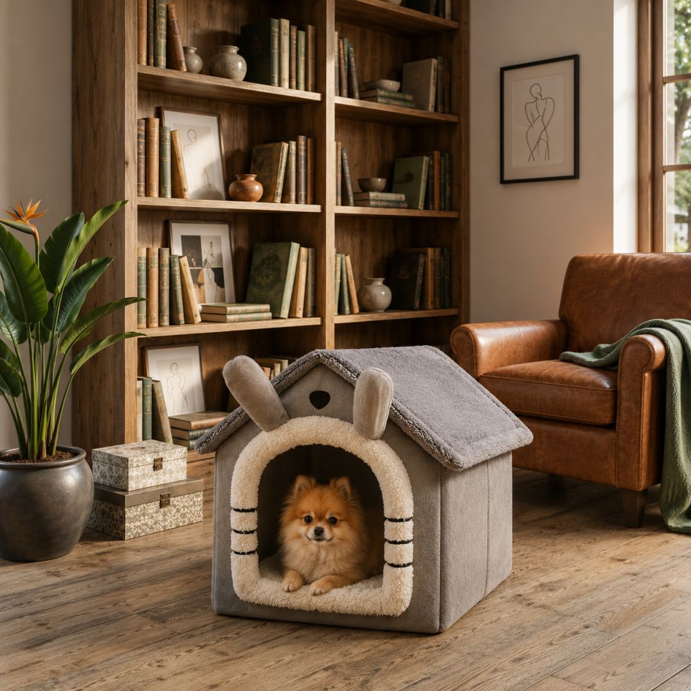 Niche d’intérieur maison pour petit chien gris
