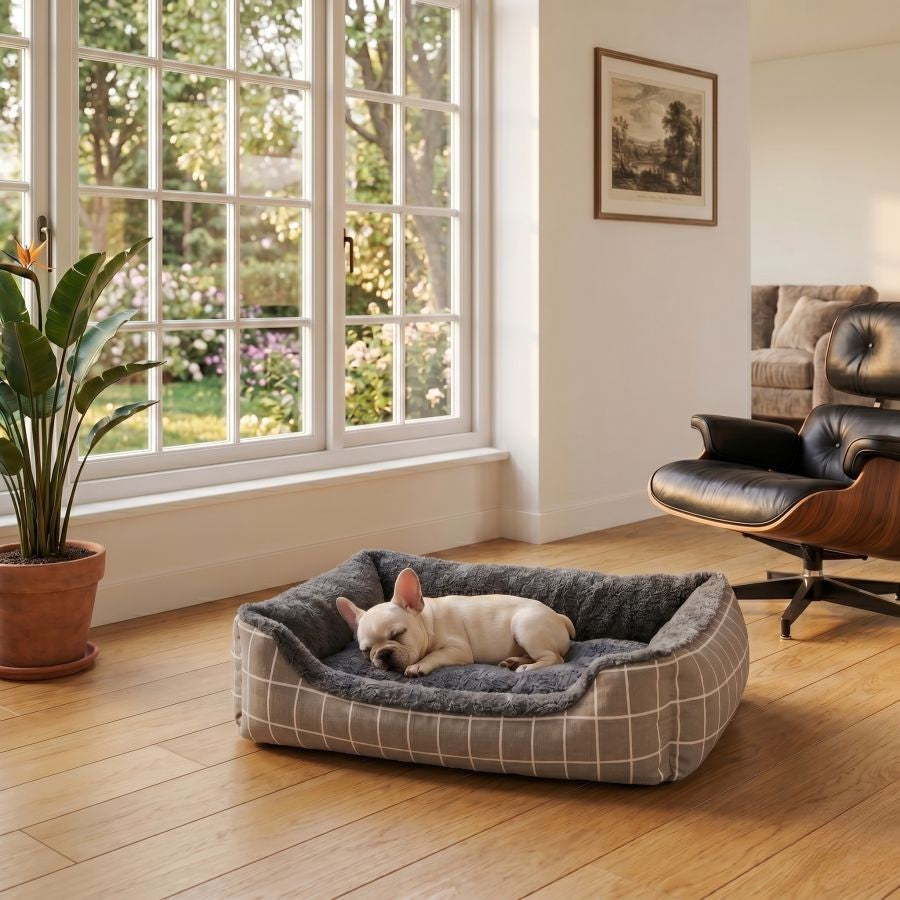 Panier pour chien déhoussable avec rebords motif gris