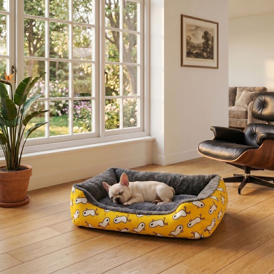 Panier pour chien déhoussable avec rebords motif jaune