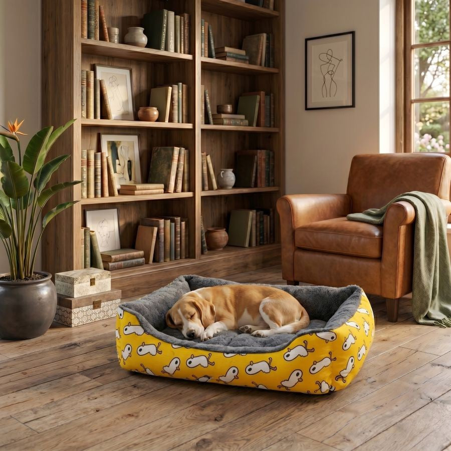 Panier pour chien déhoussable avec rebords motif jaune