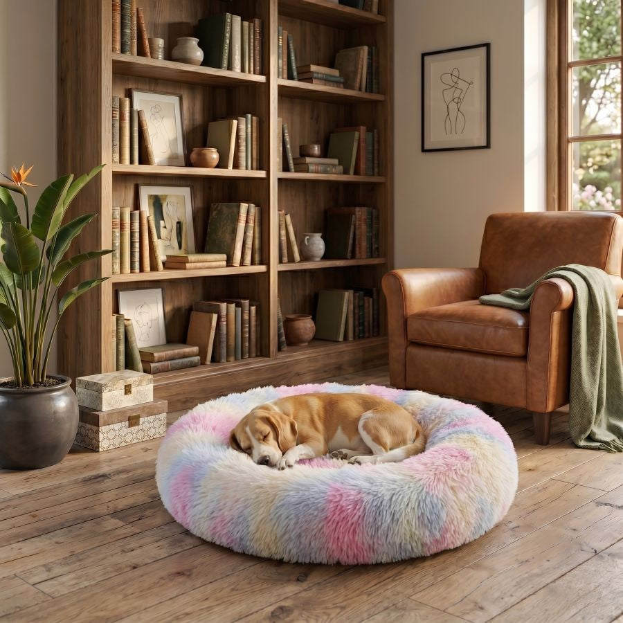 Coussin apaisant pour chien multicolore