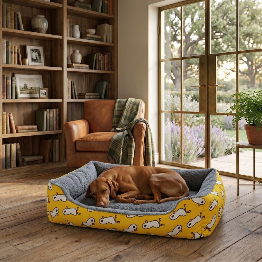 Panier pour chien déhoussable avec rebords motif jaune